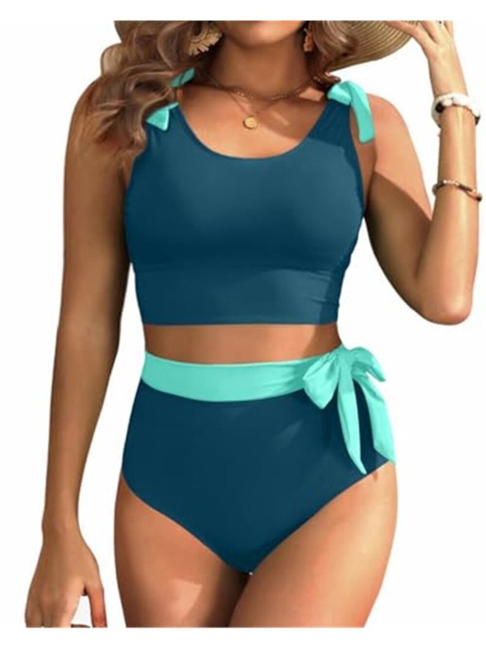 Teal High Waisted Tummy Control Bikini Two Piece Swimsuit Tank Top Modest Set